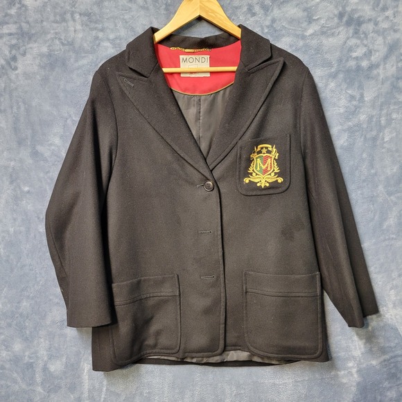 Mondi Jackets & Blazers - Mondi Blazer Jacket Womens Black Wool Embroidered Crest Button Front